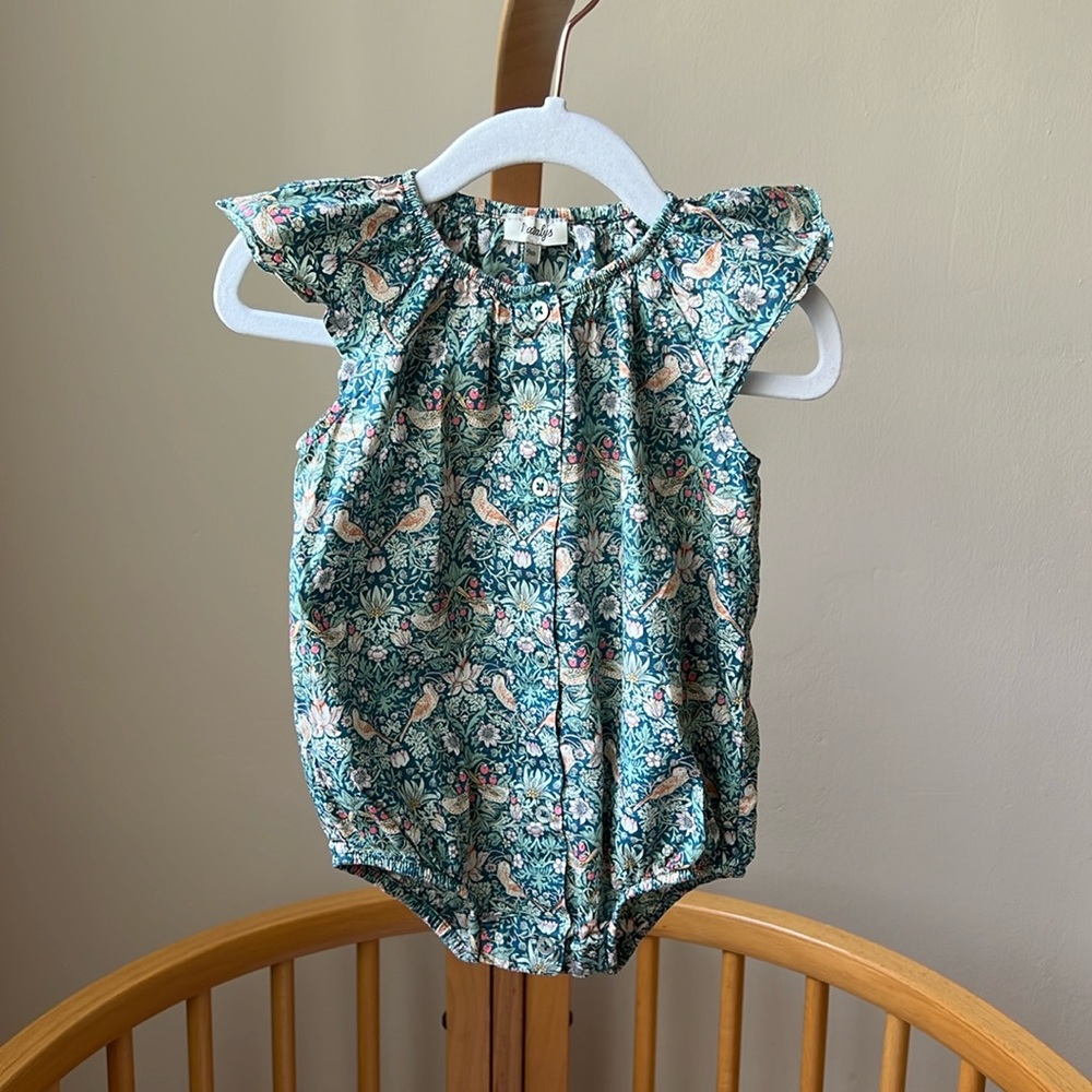 Natalys Liberty fabric romper with flutter sleeves, size 9M